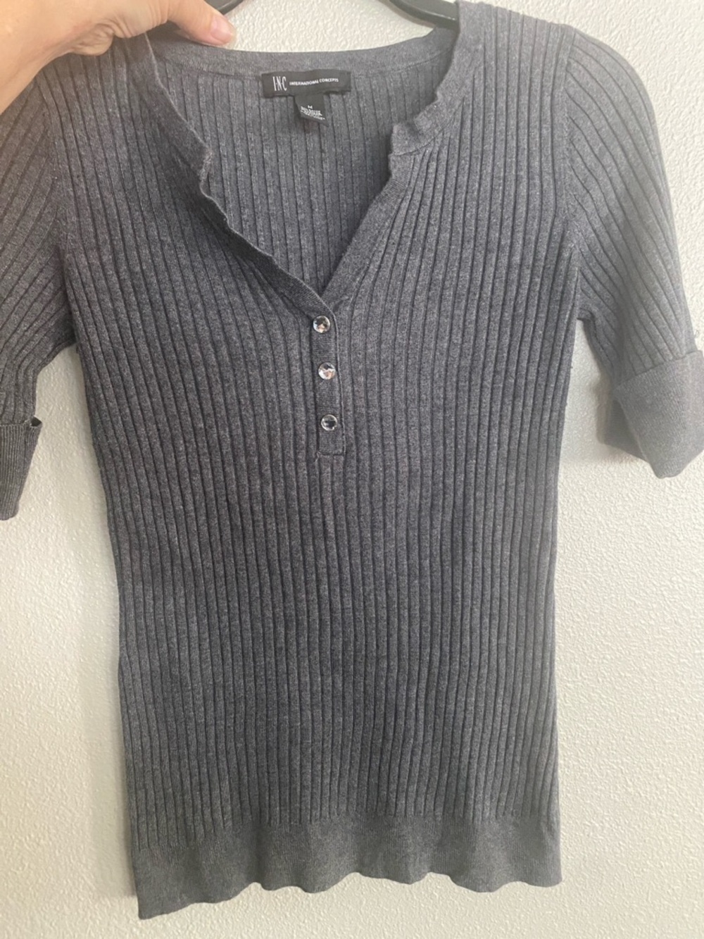 INC International Concepts Charcoal Ribbed V-Neck Sweater